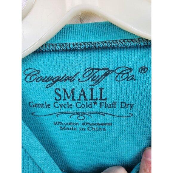 Cowgirl Tuff Co Womens Top Small Blue Brown Thermal Embroidered Cross Western - Picture 4 of 6